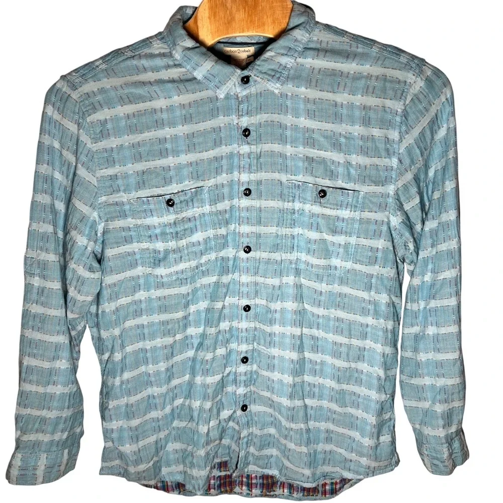 Carbon2Cobalt Mens XL Sea Change Chambray Shirt Blue 100% Cotton Plaid Soft